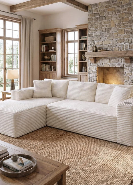 Elevate Your Living Space with Our Luxurious Boneless Modular Sectional Sofa - Memory Foam Comfort, Spacious L-Shaped Chaise, and Built-in Cup Holders in Elegant White Corduroy, No Assembly Required.