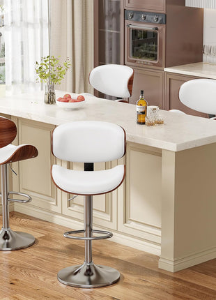 Set of 2 Adjustable Height Swivel Bar Stools with Bentwood Design, PU Leather Upholstery, Backrest, and Footrest for Bar, Kitchen, and Dining Room in White