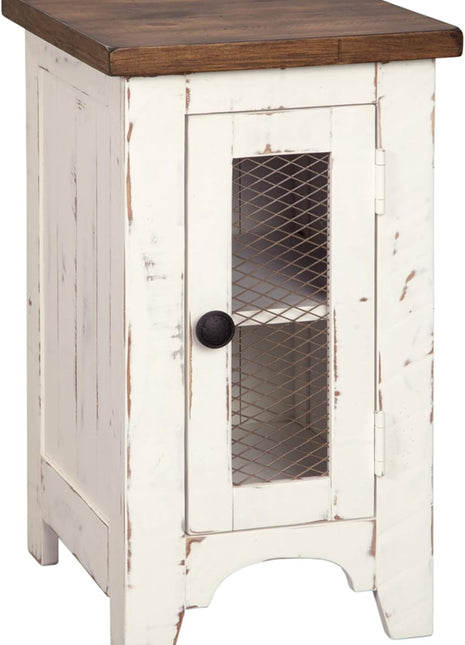 Wystfield Farmhouse Chairside End Table with Storage Cabinet in Distressed White and Brown Finish by Signature Design by Ashley