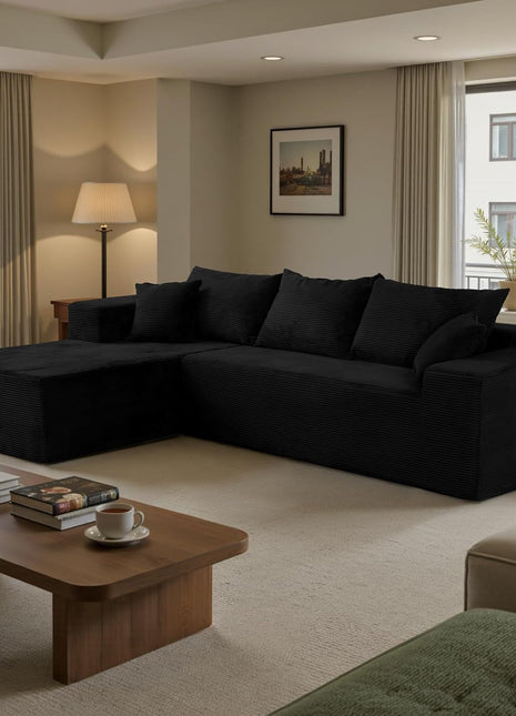 Elevate Your Living Room with Our Chic Black Sectional Sofa - Assembly Free
