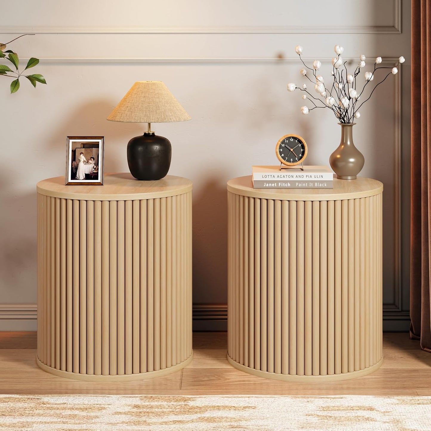 Small round Side Table Fluted Night Stand Set of 2, Modern Boho End Table with Storage, Circle Bedside Tables Wood Nightstands for Small Spaces, Living Room, Bedroom (Nature)