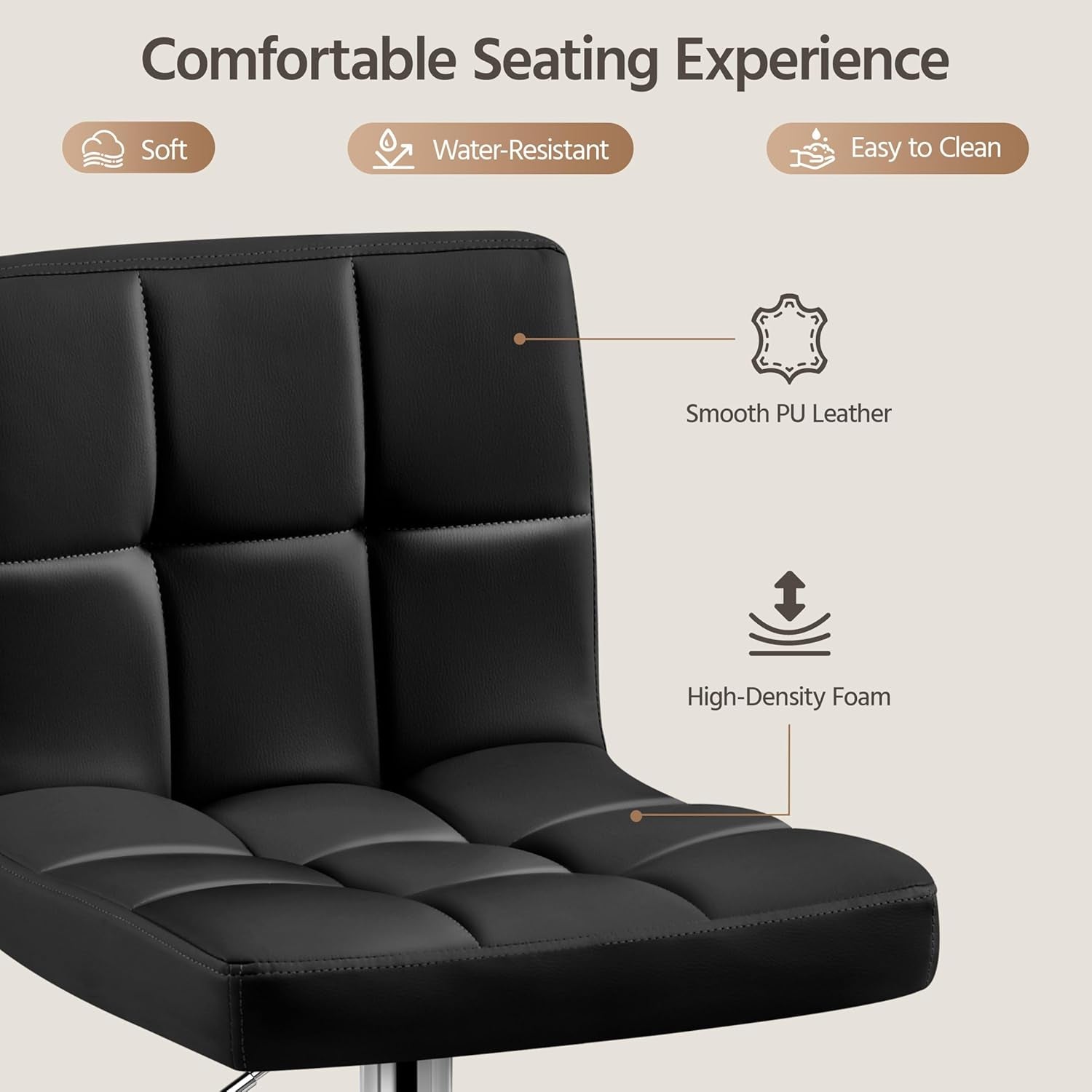 Bar Stools Set of 2, Adjustable PU Leather Swivel Barstools, Modern Counter Stools with Back and Footrest, Counter Height Barstools for Bar, Kitchen, Dining Room, Black