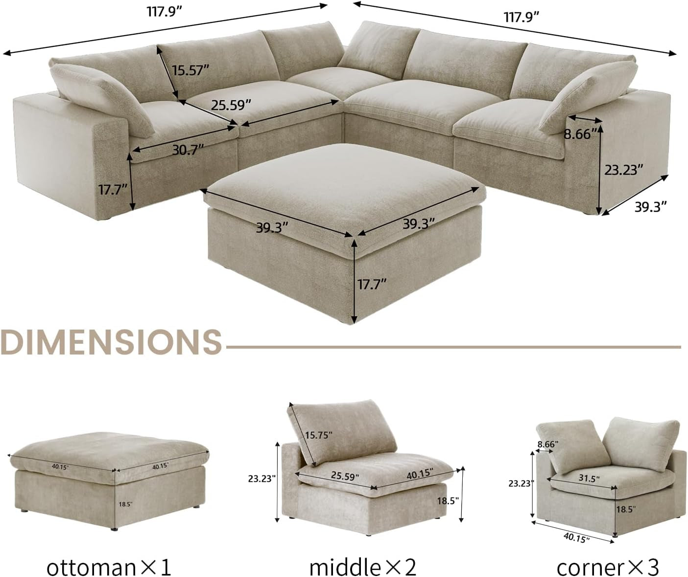 160.6" Cloud Couch Modular Sectional Sofa for Livingroom,Oversized Convertible Sofa with Storage Ottomans,6 Seat Wide Couches,Cushion Covers Removable (Khaki, 6 Seater)