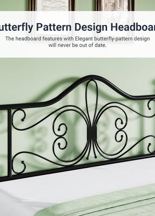 Full Size Metal Bed Frame with Butterfly Pattern Headboard and Footboard, No Box Spring Required, Easy Assembly, Black