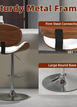 Set of 2 Adjustable Modern Swivel Bar Stools with Bentwood Seat and Back in White PU Leather, Perfect for Kitchen Counters and Dining Areas