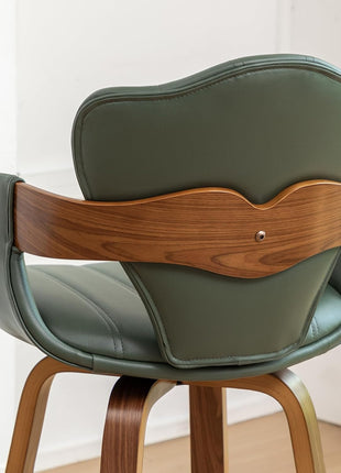 Set of 2 Mid-Century Modern 30-Inch Swivel Bar Stools with Arms, Green Faux Leather Upholstery and Walnut Wood Frame, Fishtail Back Design