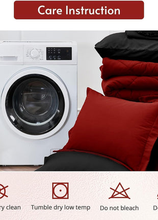 7-Piece Reversible Queen Comforter Set, All-Season Bedding Ensemble with Comforter, Flat Sheet, Fitted Sheet, Pillowcases, and Shams in Red and Black