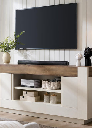 Contemporary 70-Inch TV Stand and Entertainment Center for TVs up to 80 Inches, Media Console with Generous Open Storage and Side Cabinets, Durable Wood Construction in Antique White Finish for Living Room