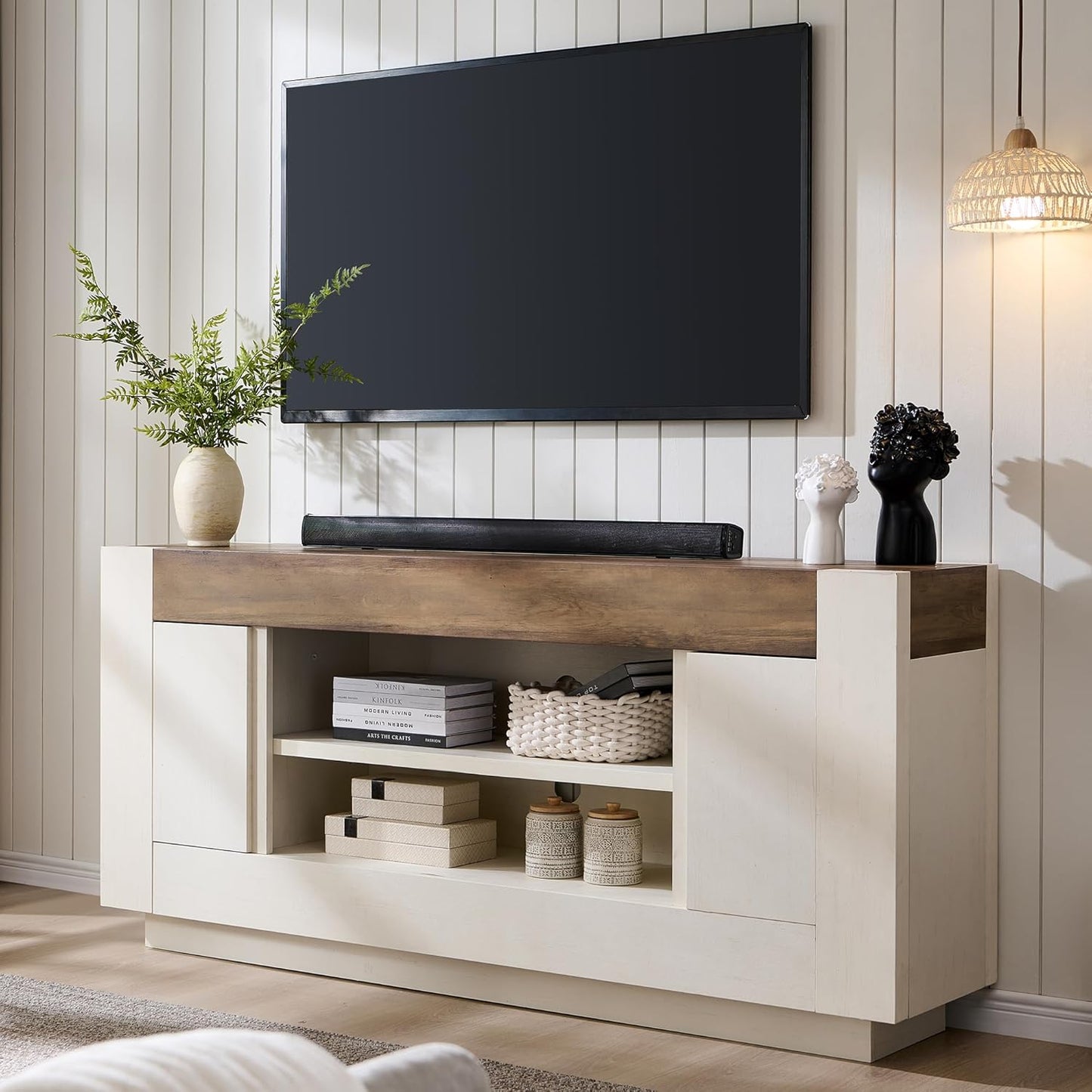 Modern 70" TV Stand, Entertainment Center for Tvs up to 80", Media Console with Large Open Storage & Side Cabinets, Thick Wood Design for Living Room, Antique White
