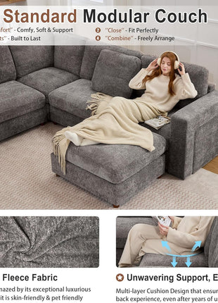 Luxurious Grey Oversized Modular L-Shaped Sectional Sofa with Integrated Side Tables and Storage - Plush Sleeper Couch for Ultimate Comfort (7-Seater with 2 Ottomans)
