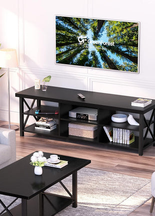 55-Inch Industrial Farmhouse TV Stand for TVs up to 65 Inches with 6 Storage Cabinets, Black Entertainment Center for Living Room