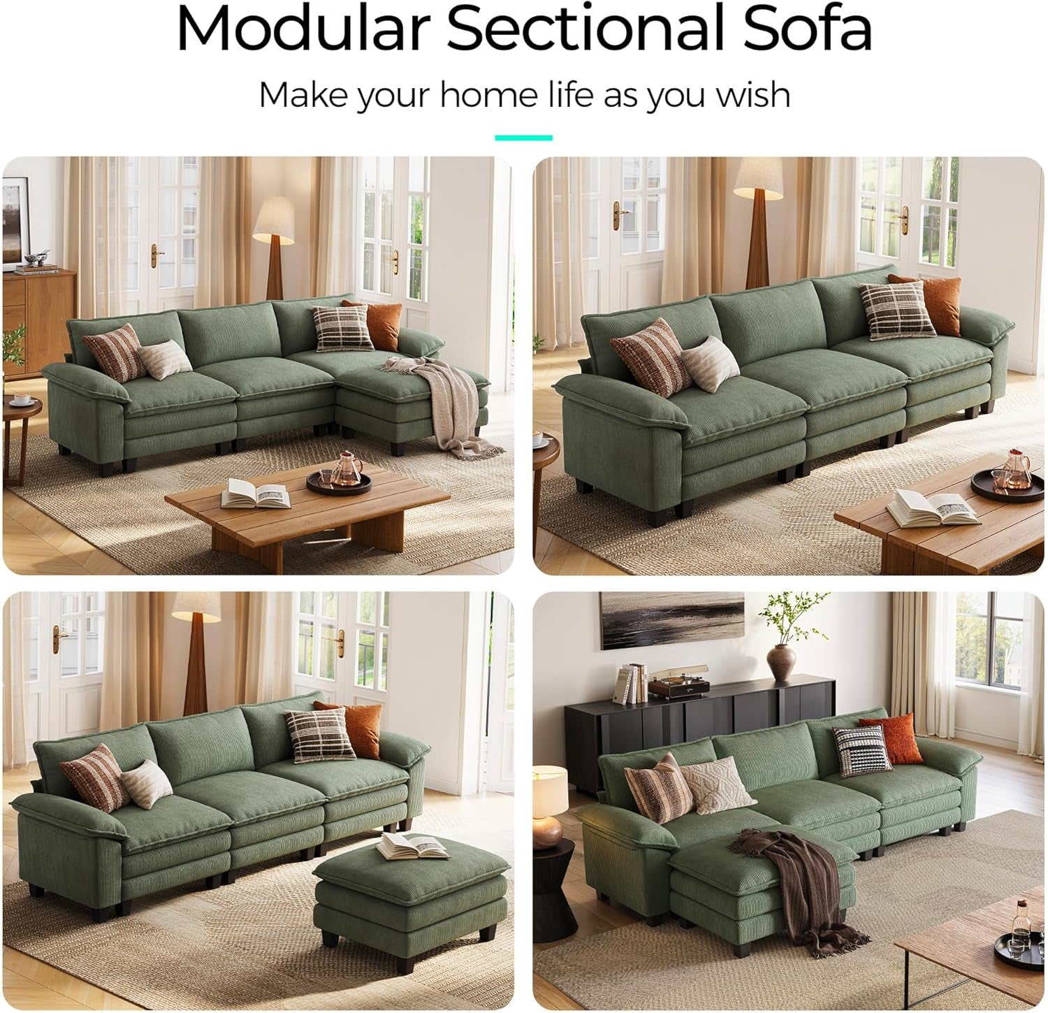123'' Modular Sectional Sofa Green Couch Corduroy Cloud Couches for Living Room, L Shaped Couch with Movable Ottoman, Modern Cloud Sectional Sofas for Bedroom and Apartment, Green