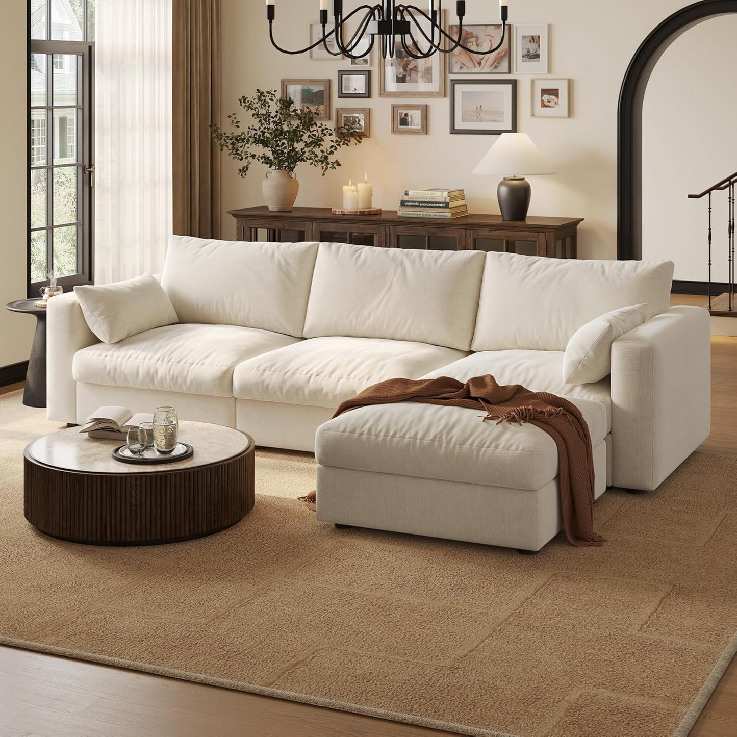 Cloud Modular Sectional Sofa Couch with Storage Ottoman, 99" Oversized Sectional Couches for Living Room, Cloud Modular L-Shaped Sofa with Chaise, 4 Seater, Chenille, Beige