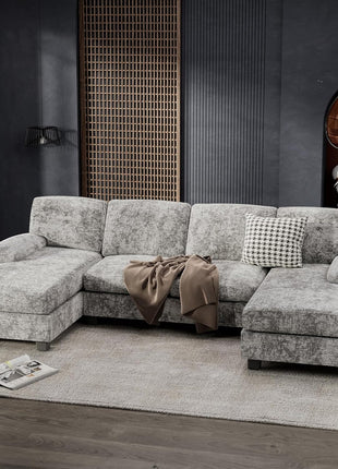 Stylish U-Shaped Convertible Sectional Sofa with Double Chaise and Memory Foam in Chic Grey, Perfect for Cozy Gatherings