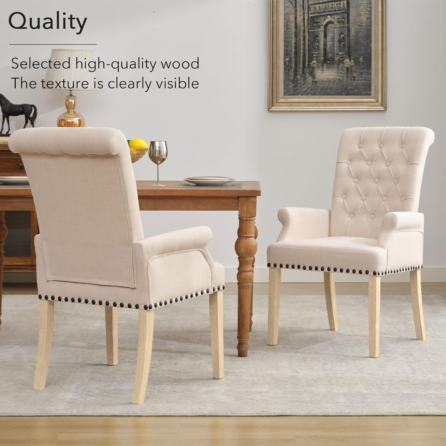 Dining Chairs with Arms, Upholstered Fabric Dining Room Chairs with Solid Wood Legs, Accent Armchair for Kitchen Dining Living Room, Beige