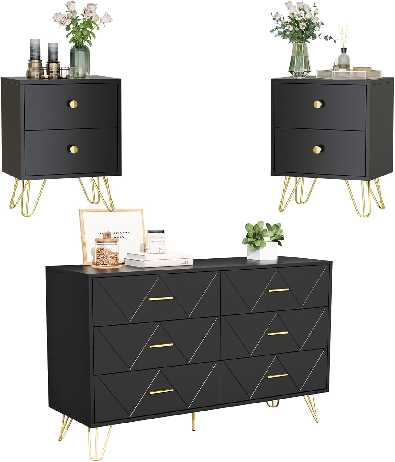 3 Pcs Bedroom Sets, Large 6 Drawer Dresser and Night Stand Sets for Bedroom, Two Drawers Nightstand Set of 2 & 6 Drawer Dresser 3 Pieces (Black)