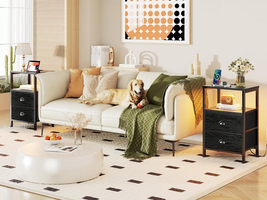 Nightstands Set of 2, End Tables with Charging Station and LED Lights, Black Night Stands with 2 Fabric Drawers, Bedside Tables Set of 2 for Living Room/Bedroom,Black Oak