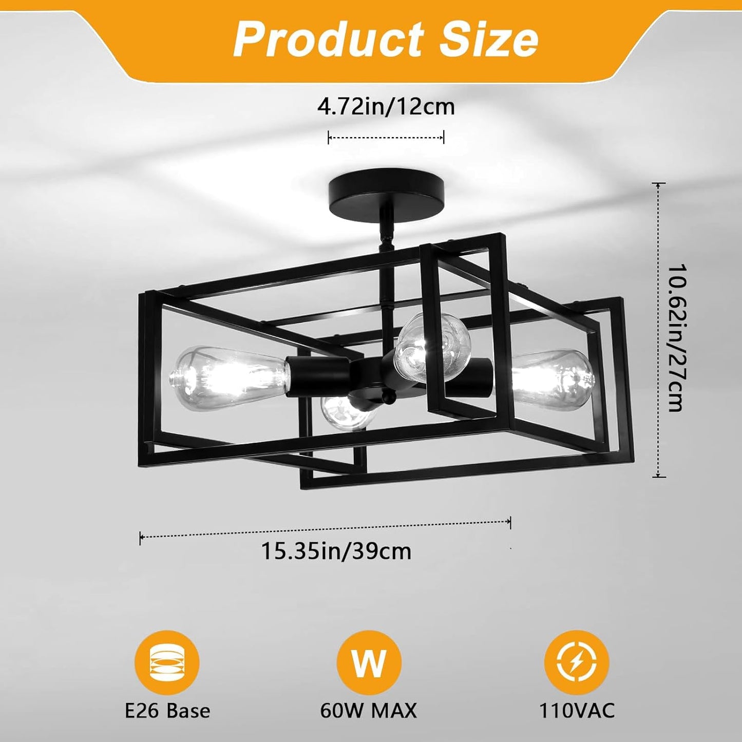 4-Light LED Ceiling Light Industrial Black Farmhouse, Semi Flush Mount Ceiling Light, Lighting for Dining Room Kitchen Hallway Island