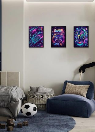 Game Room Canvas Wall Art Set - 16x12 Inch Framed 3-Piece Collection with 6 Additional 8x10 Posters, Neon Gaming Theme Decor for Boys and Youth Bedrooms