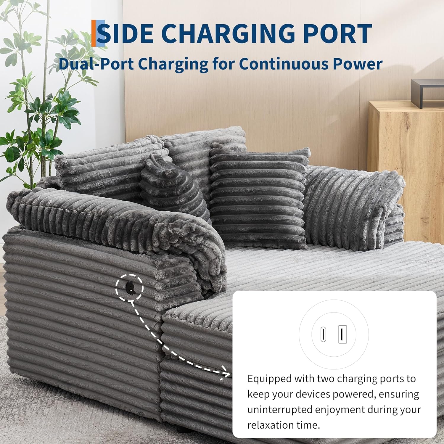 Oversized Chaise Lounge Chair Indoor Upholstered Sofa Bed with Throw Pillows and Armrests Comfy Corduroy Sleeper Couch with Cup Holders and Charging Port for Living Room Bedroom 60 Inch Wide Grey