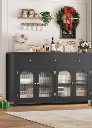 55.1" Farmhouse Buffet Cabinet with Storage Solutions, Featuring 3 Drawers and 4 Doors, Black Wood Sideboard for Kitchen and Coffee Bar