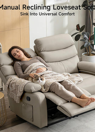 Beige Reclining Loveseat - Anti-Scratch Leather Double Recliner Sofa with Side Pocket for Living Room, RV, and Home Theater