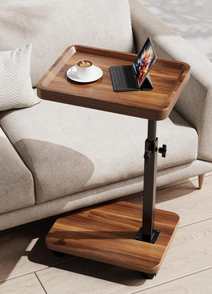 Adjustable Height C Table with 360° Swivel and Mobility Wheels for Compact Living Areas - Walnut Finish