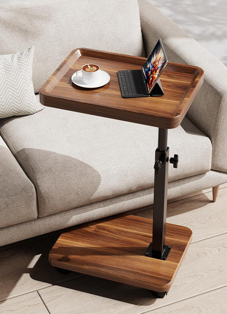 Adjustable Height C Table with 360° Swivel and Mobility Wheels for Compact Living Areas - Walnut Finish
