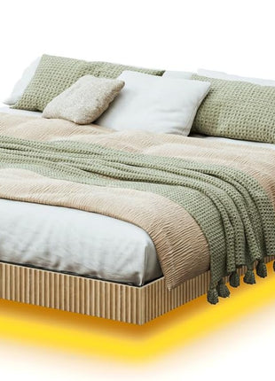 Mid-Century Modern 3-Piece Bedroom Furniture Set with Floating Bed Frame and LED Lights, Includes Bed and Two Nightstands (Queen Size)