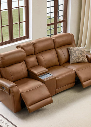 Genuine Leather Power Recliner Sofa with Wall Hugger Design, Dual Motors, USB Charging Ports, Ideal for Living Room and RV, Saddle Leather Finish