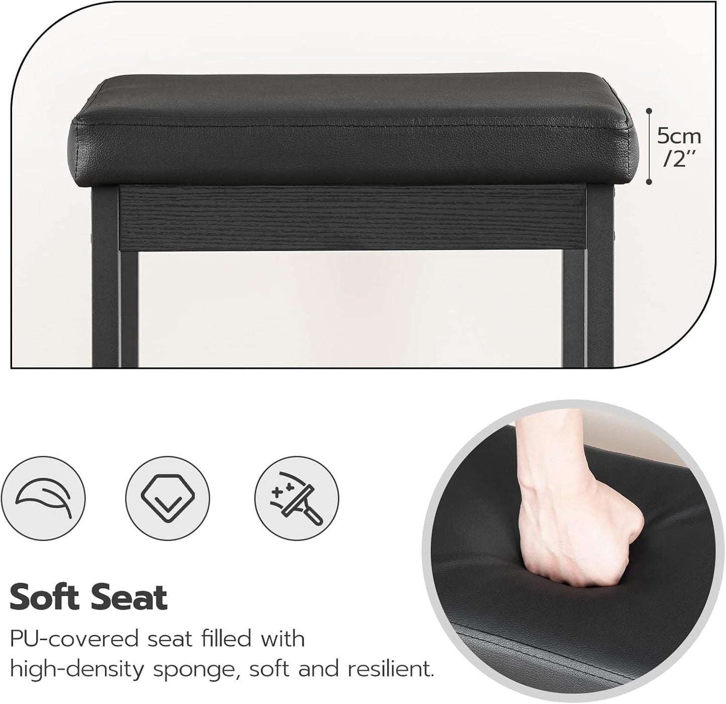 Bar Stools, Set of 2 Bar Chairs, 24.8-Inch Height Stools, Breakfast Bar Stools, Kitchen Stools, 2" Thick Upholstery, for Kitchen, Dining Room, Cafe, Bar Counter, Black BB21BY01