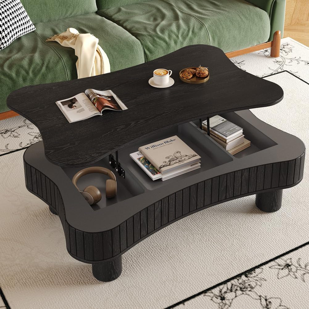 42.52'' Cloud Coffee Table with Lifting Top for Living Room Irregular Coffee Table with Lift Top Modern Smart Coffee Tables with Storage Unique Center Tables Low Pull up Tea Tables Black