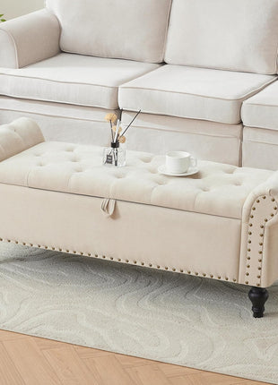 51-Inch Beige Chenille Upholstered Storage Ottoman Bench for Bedroom and Living Room