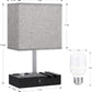 Fully Dimmable Nightstand Lamp for Bedroom with USB C Ports, Grey Small Bedside Table Lamp with Charging Outlets and Phone Stands, Wooden Desk Lamp for Living Room, LED Bulb Included