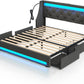 Full Bed Frame with LED Lights and Charging Station, Upholstered Bed with Drawers, Wooden Slats, Noise Free, Easy Assembly, Dark Gray