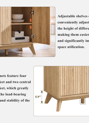 60-Inch Contemporary Fluted Buffet Sideboard Cabinet with Storage, Featuring 3 Drawers and 4 Doors, Ideal for Dining Room, Living Room, and Hallway in Natural Oak Finish