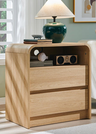 25-Inch Tall Modern Nightstand with Integrated Charging Station, 23.6-Inch Wide Wooden Bedside Table Featuring Two Storage Drawers, Spacious Mid-Century End Table for Bedroom and Living Room with Curved Profile Design in Natural Oak