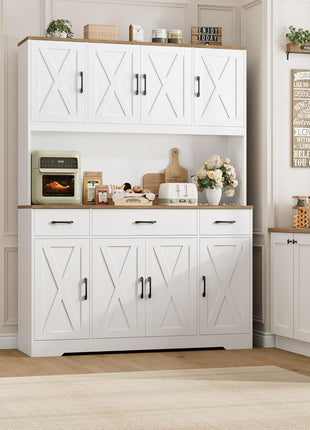 71-Inch Large Pantry Cabinet with Integrated Charging Station, 55-Inch Wide Kitchen Storage Solution Featuring Drawers and Power Outlet, Tall Kitchen Hutch with Countertop in White