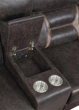 3-Piece Dark Brown Faux Leather Motion Living Room Set with Reclining Sofa, Glider Loveseat with Console, and Glider Recliner with Built-In Cup Holders, Storage, and Power Outlets