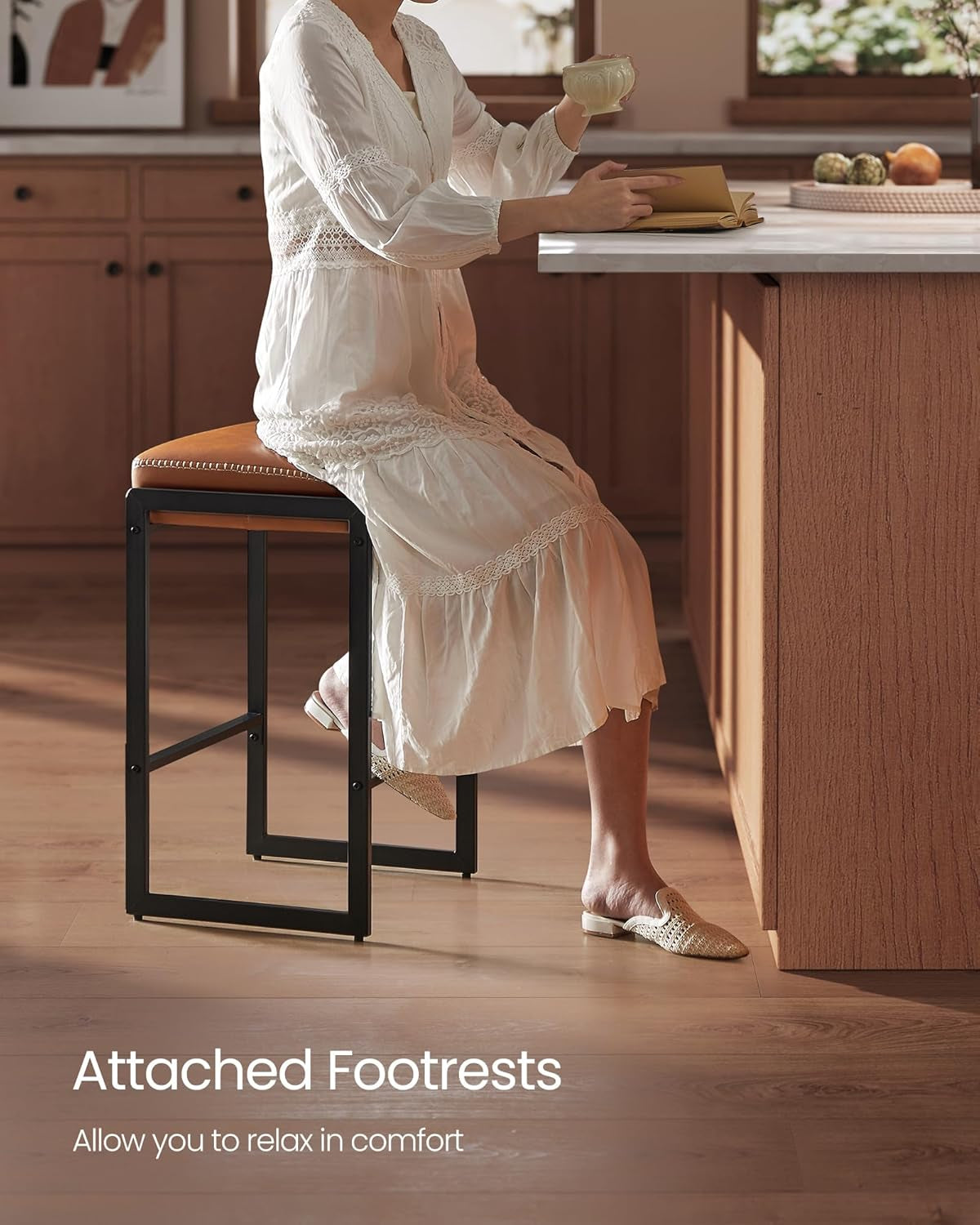 EKHO Collection - Bar Stools Set of 2, Counter Height Bar Stools, Synthetic Leather with Stitching, Mid-Century Modern Counter Stools, 26-Inch Tall, Kichen Home Bar Dining Room, Caramel Brown