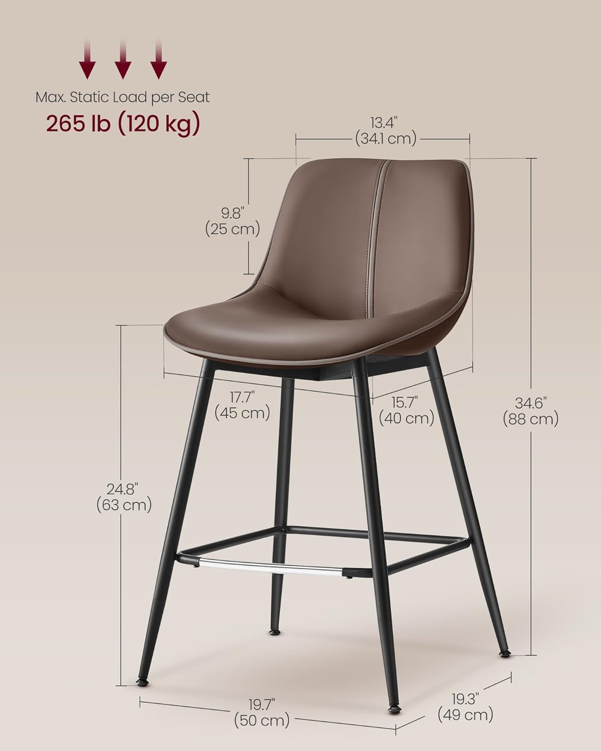 Bar Stools Set of 2, Counter Height Bar Stools with Back, Ergonomic Backrest, Synthetic Leather, Metal Legs, 24.8-Inch Tall Barstools for Kitchen Island Home Bar, Easy Assembly, Coffee Brown