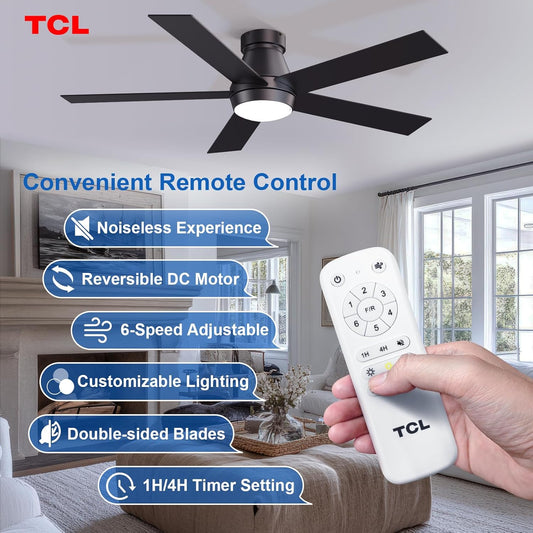 52" Ceiling Fan with Lights, Black Flush Mount Ceiling Fans with Remote Control, 6 Speeds DC Reversible, Dimmable, Noiseless, Low Profile Ceiling Fans for Bedroom