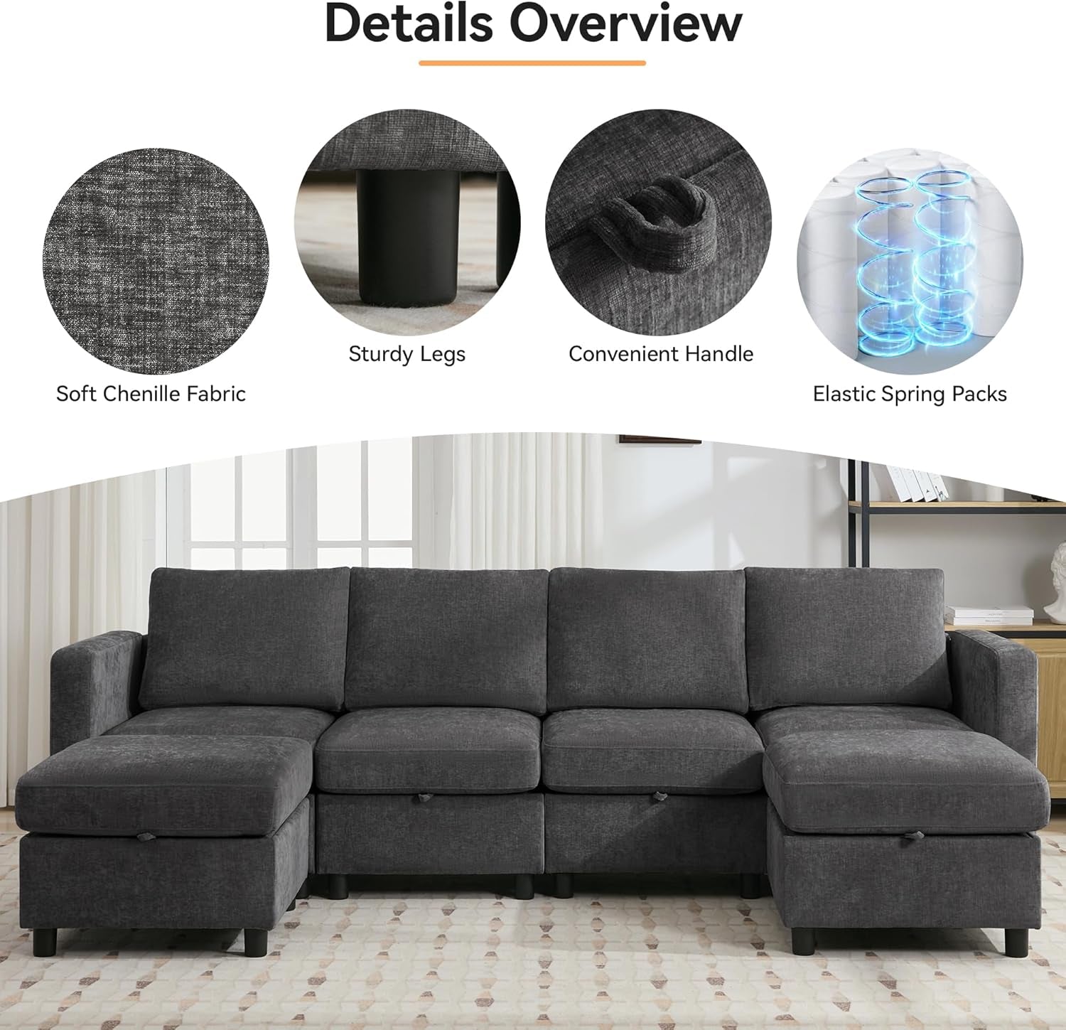 58”Modular Sectional Loveseat Sofa, Modern Love Seat 2 Seater Sofa Couch with Storage, Chenille Modular Sectional Couch for Living Room, Bedroom, Office, Small Apartment, Dark Grey