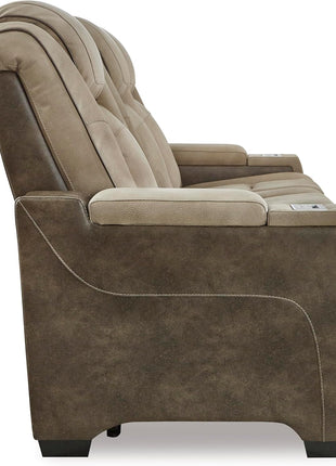 Signature Design by Ashley Next-Gen Durapella Power Reclining Sofa with Wireless & USB Charging, Zero-Gravity Feature, Adjustable Headrest, Water-Repellent Faux Leather, Drop-Down Table in Beige/Brown, 86 Inches