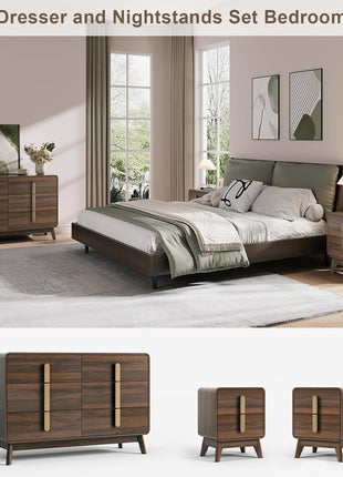 Mid-Century Modern Bedroom Furniture Set - 6-Drawer Dresser and Nightstand Pair with Gold Handles, Walnut Finish