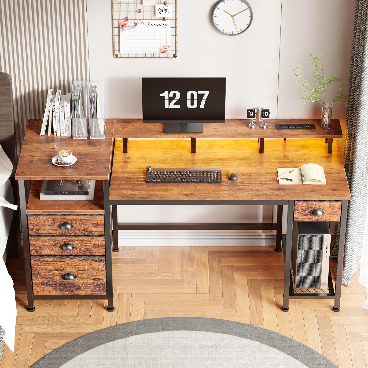 60" Computer Desk with File Cabinet and Storage Shelves, Reversible Home Office Desk with LED Lights, Full Monitor Stand, Power Outlets, Study Gaming Table with 4 Drawers, Rustic Brown