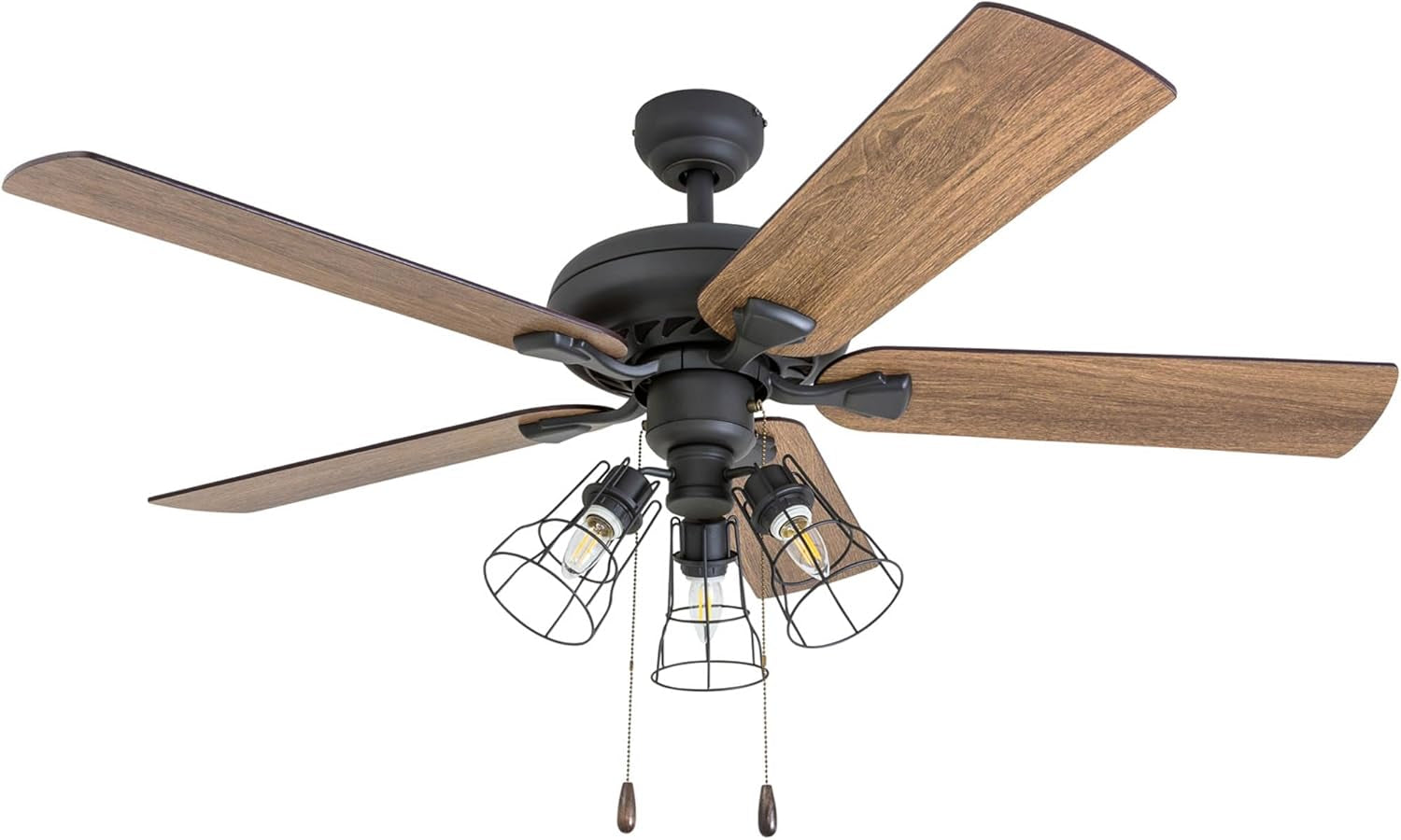 Lincoln Woods, 52 Inch Industrial Style LED Ceiling Fan with Light, Pull Chain, Three Mounting Options, 5 Dual Finish Blades, Reversible Motor - 50581-01 (Bronze)