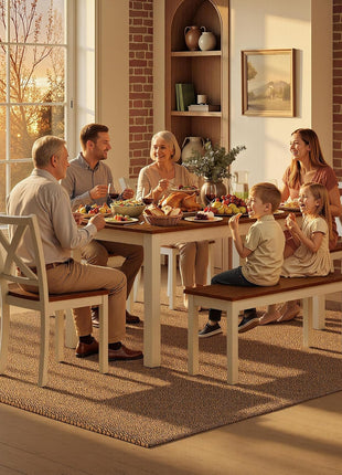 6-Piece Rustic Farmhouse Dining Set with 59" Wooden Table, 4 Chairs, and Bench in Walnut and White - Space-Saving Kitchen and Dining Room Furniture