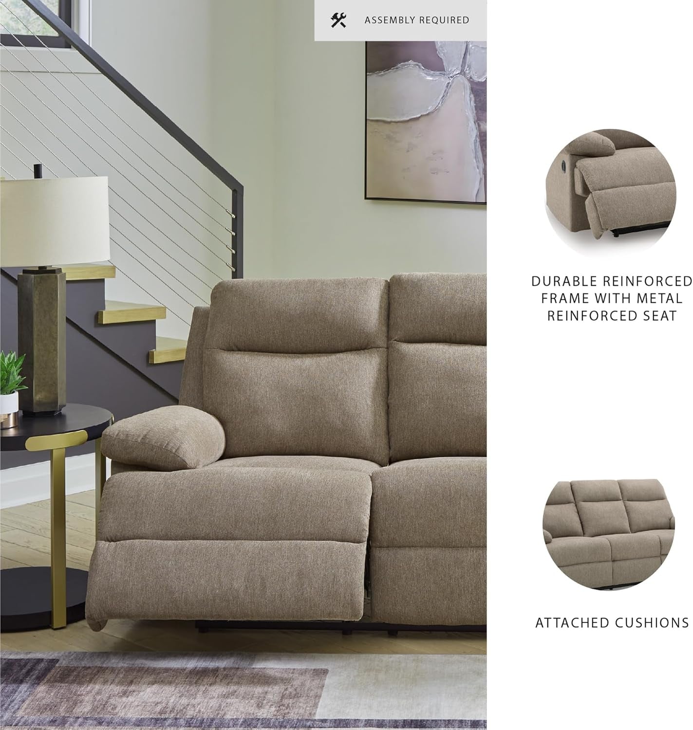 Yarrow Lane Classic Chenille Manual Pull Tab Reclining Sofa with Drop down Table and USB Charging, Light Brown