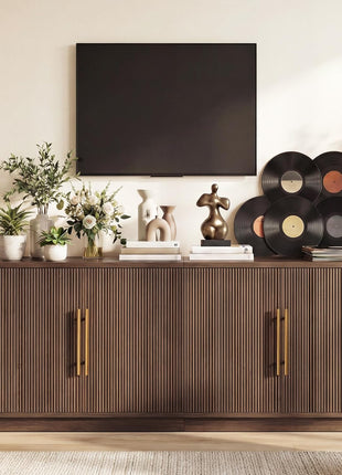 70-Inch Entertainment Center for TVs up to 80 Inches, Media Console with Four Fluted Doors and Generous Storage in Natural Oak Finish